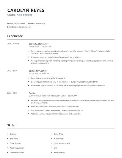 Central Aisle Cashier Resume