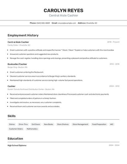 Central Aisle Cashier Resume
