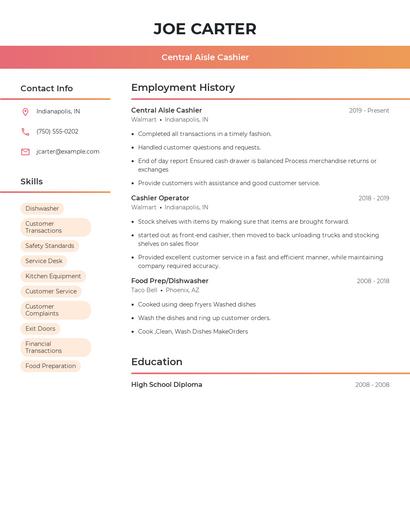 Central Aisle Cashier Resume