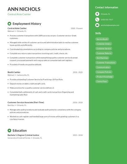 Central Aisle Cashier Resume