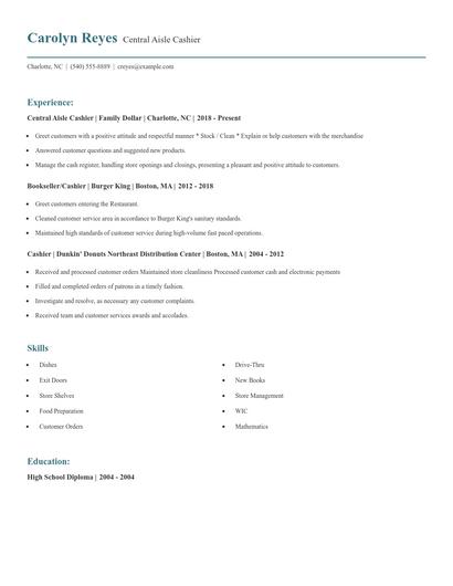 Central Aisle Cashier Resume