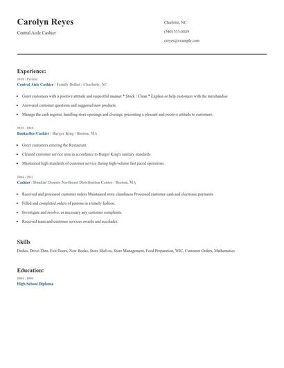 Central Aisle Cashier Resume