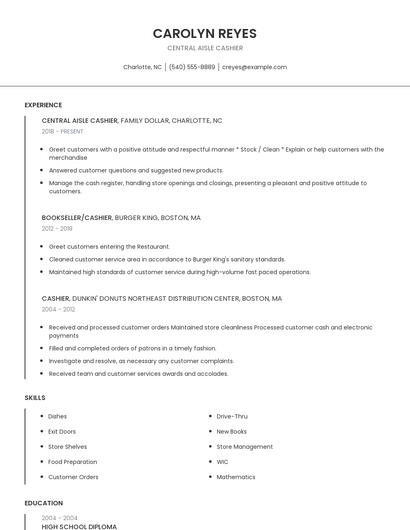 Central Aisle Cashier Resume