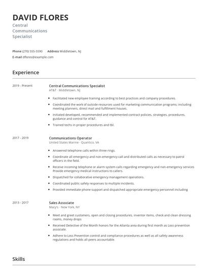 Central Communications Specialist Resume