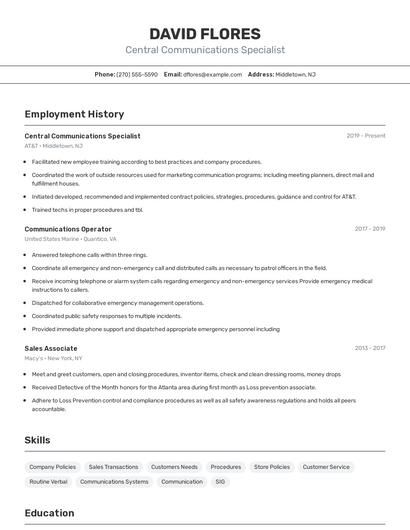 Central Communications Specialist Resume