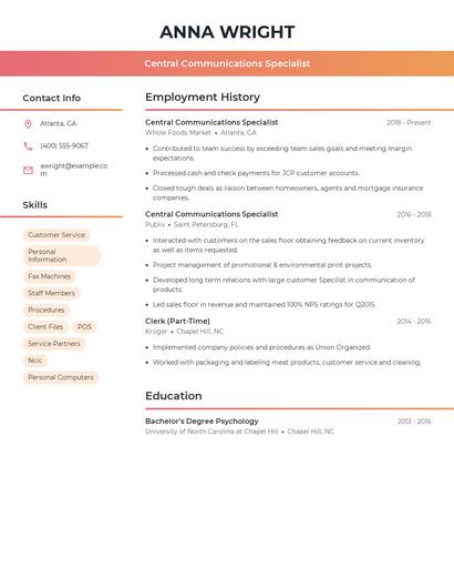 Central Communications Specialist Resume