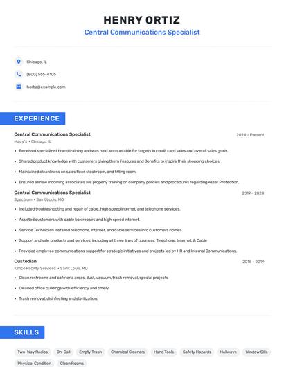 Central Communications Specialist Resume