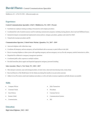 Central Communications Specialist Resume