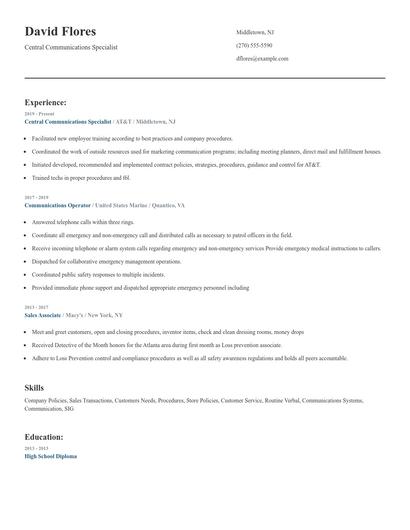 Central Communications Specialist Resume