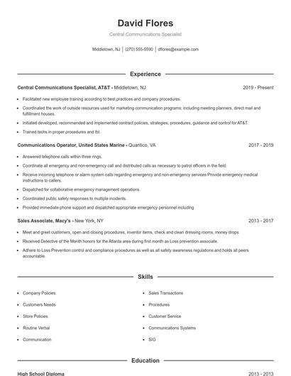 Central Communications Specialist Resume