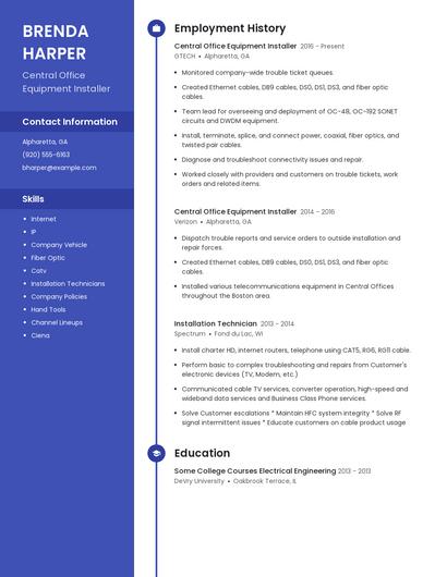Central Office Equipment Installer Resume