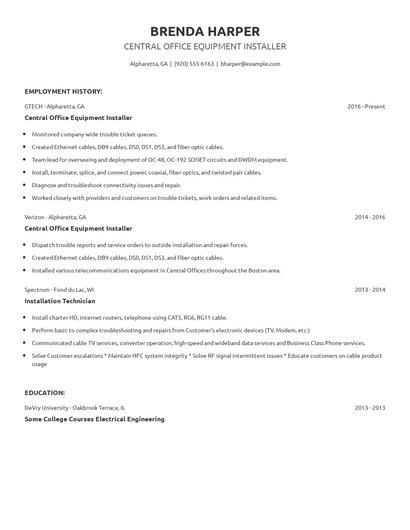 Central Office Equipment Installer Resume