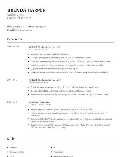 Central Office Equipment Installer Resume