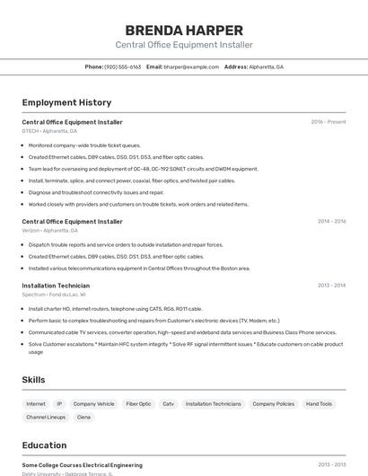 Central Office Equipment Installer Resume