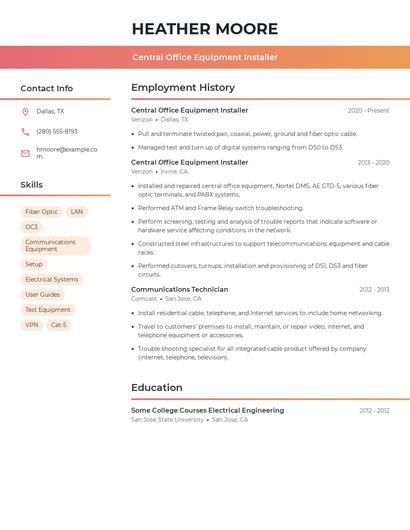 Central Office Equipment Installer Resume