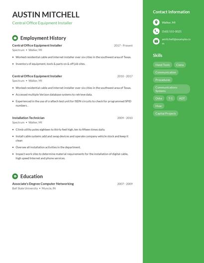Central Office Equipment Installer Resume
