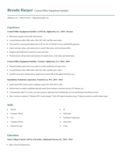 Central Office Equipment Installer Resume