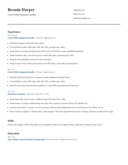 Central Office Equipment Installer Resume