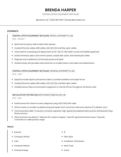 Central Office Equipment Installer Resume