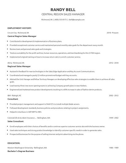 Central Region Sales Manager Resume