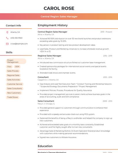 Central Region Sales Manager Resume