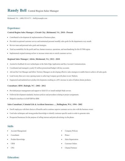 Central Region Sales Manager Resume