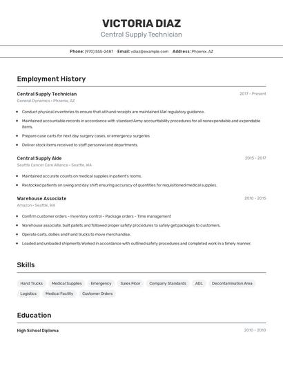 Central Supply Technician Resume
