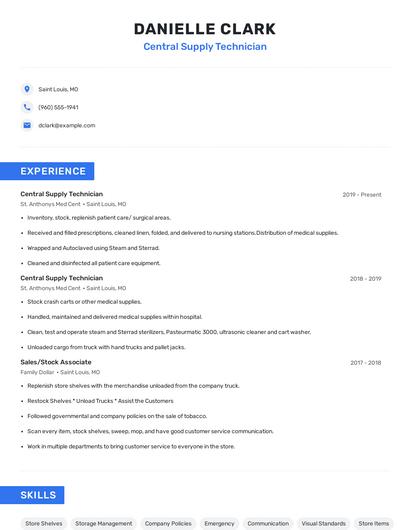 Central Supply Technician Resume