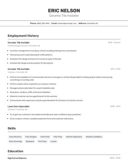 Ceramic Tile Installer Resume