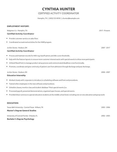 Certified Activity Coordinator Resume