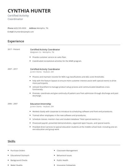 Certified Activity Coordinator Resume