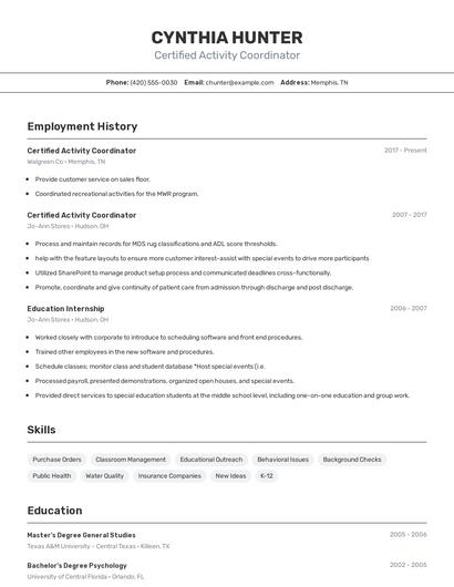 Certified Activity Coordinator Resume