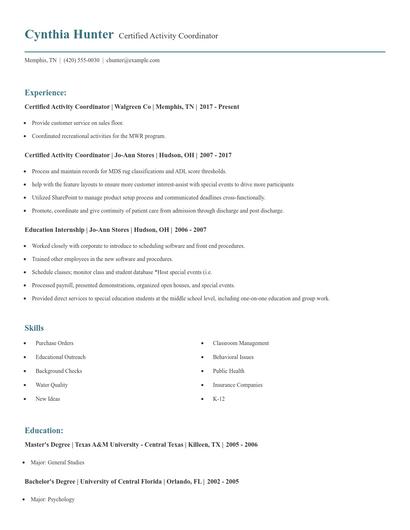 Certified Activity Coordinator Resume
