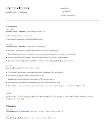 Certified Activity Coordinator Resume