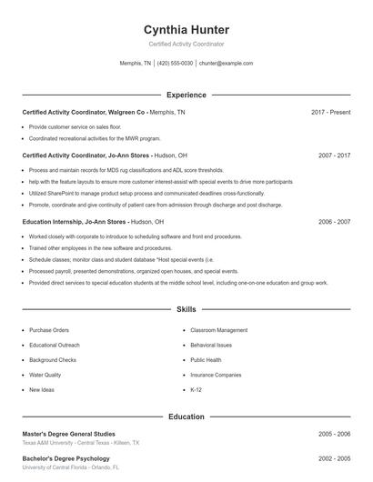 Certified Activity Coordinator Resume