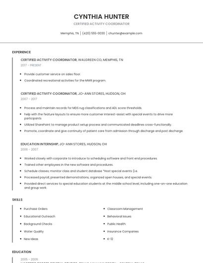 Certified Activity Coordinator Resume