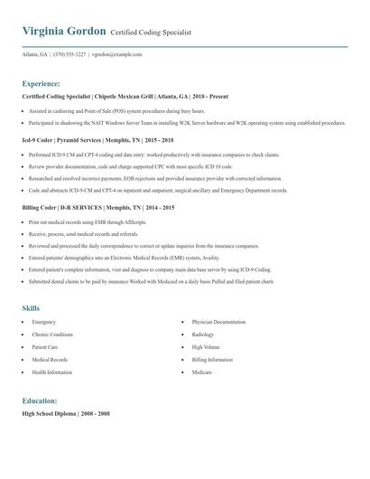 Certified Coding Specialist Resume