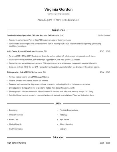 Certified Coding Specialist Resume