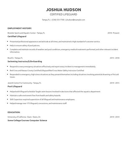 Certified Lifeguard Resume