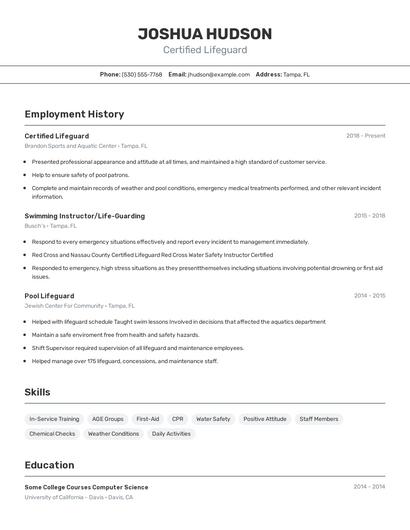 Certified Lifeguard Resume