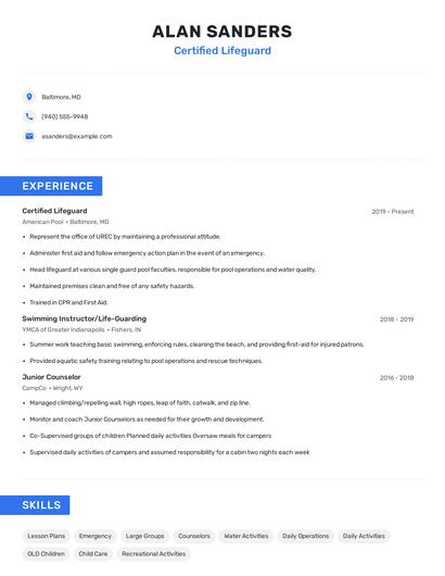 Certified Lifeguard Resume