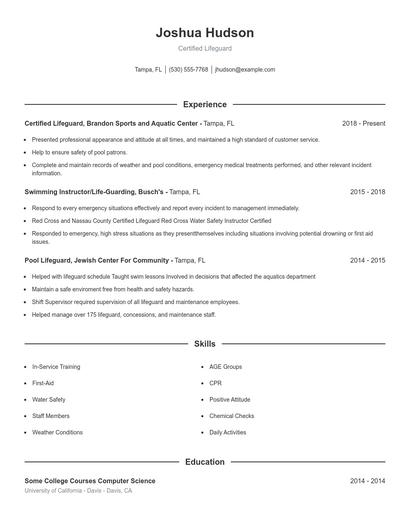 Certified Lifeguard Resume