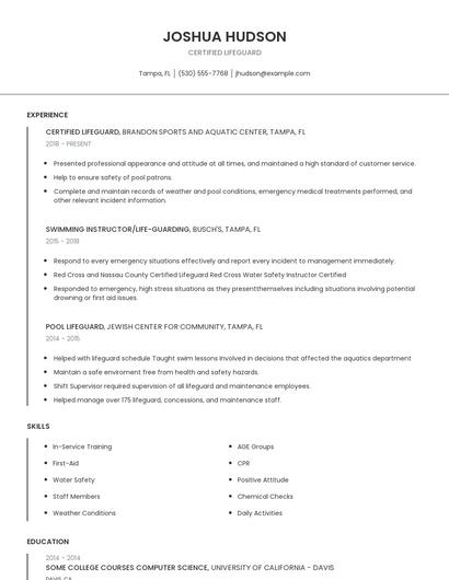 Certified Lifeguard Resume