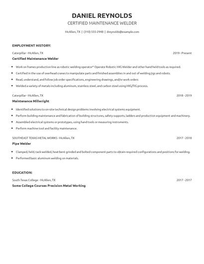 Certified Maintenance Welder Resume