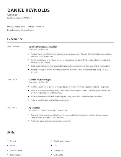 Certified Maintenance Welder Resume