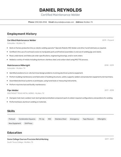 Certified Maintenance Welder Resume