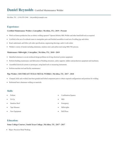 Certified Maintenance Welder Resume