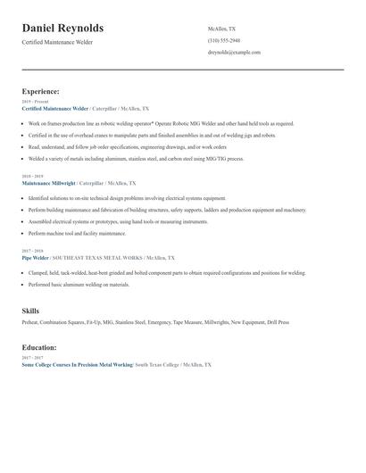 Certified Maintenance Welder Resume
