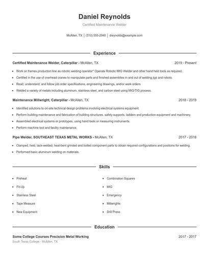 Certified Maintenance Welder Resume
