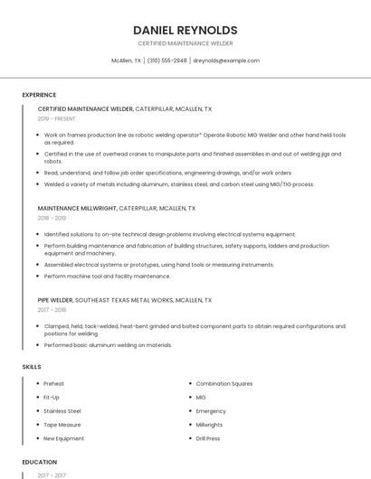 Certified Maintenance Welder Resume
